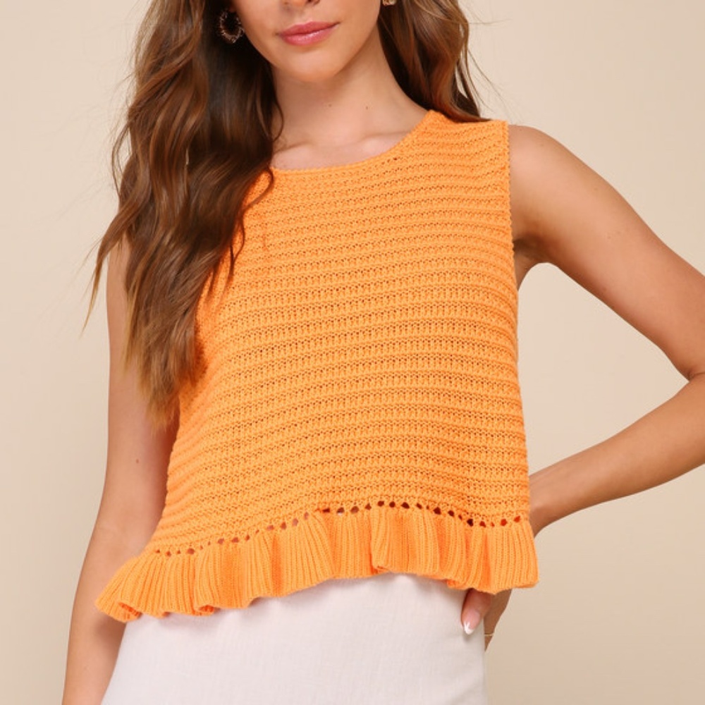 Lulus Flouncin' Around Orange Cropped Ruffled Sweater Tank - Size XL